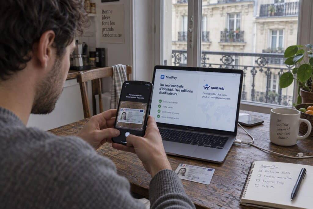 Un téléphone affiche MiniPay et une vérification d’identité par Sumsub